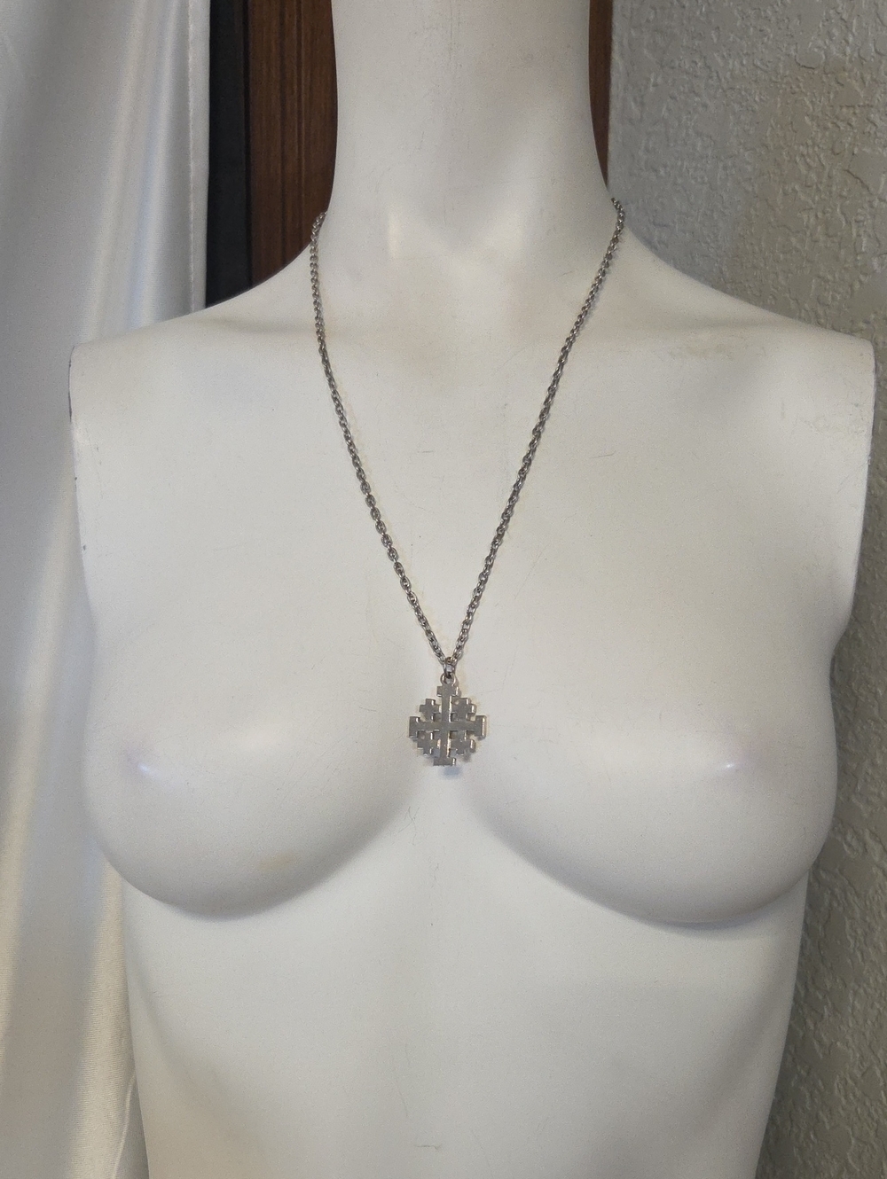 Vintage Silver Tone Jerusalem Cross Pendant Necklace